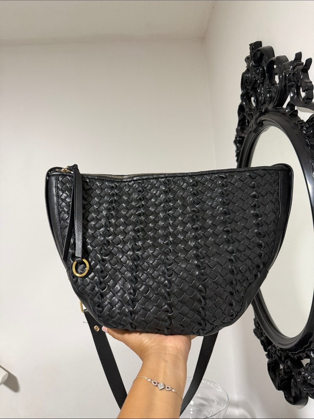 Kooba Black Woven Leather Shoulder Bag with Gold Hardware